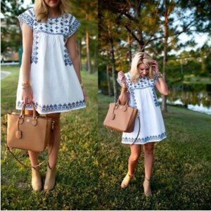 Boho Embroidered White/ Navy Babydoll Dress - Size Small